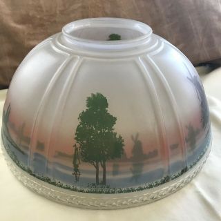Antique Reverse Painted Windmill Large Glass Globe Lamp Shade 13 7/8 