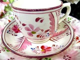 Antique 1830 - 40 Pink Luster soft paste tea cup and saucer trio pink teacup set 2