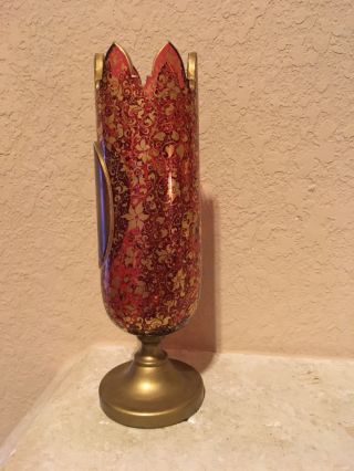Antique Bohemian Hand Painted Cut Glass Vase With Raised Panel With Figurine 3