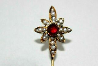 Antique Victorian Faceted Natural Garnet & Seed Pearls Stick Pin Brooch.