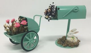 Vintage Dollhouse Miniature Metal Mail Box On Stand & Baby Carriage W/ Flowers