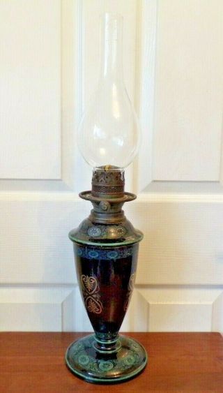 A Victorian Black Glazed Pottery Oil Lamp Drop In Font Order Very Ornate