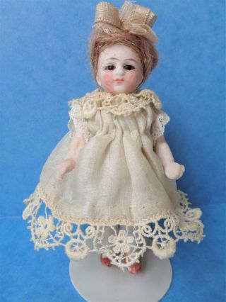 Miniature Antique German Bisque Dollhouse Doll 9771 5/0 Glass Eyes 3.  5 " Victoria