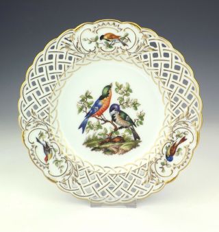 Antique Augustus Rex Meissen Porcelain - Hand Painted Birds Pierced Plate