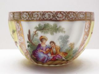 Antique 19th C Dresden Porcelain Quatrefoil Watteau Yellow Cabinet Cup