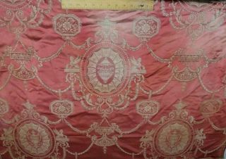 Antique French C1890 Neo Classical Designed Medallion Silk Damask Rose Fabric