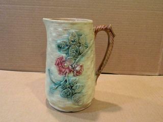 Majolica Pitcher Pale Yellow Basket Weave W/ Wild Rose Antique