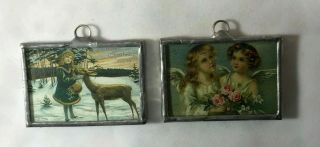 Vintage Christmas And Winter Scene Pictures In Silver Metal Frames - Reversible