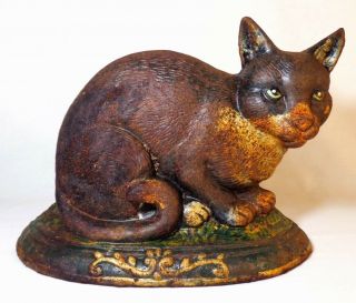 Late 19th - Early 20th C Antique Lg Painted Cast Iron Doorstop Of A Crouching Cat
