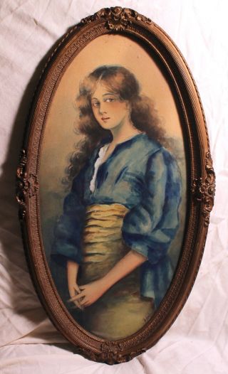 Antique Victorian Art Woman 19th C.  Framed Watercolor Painting Signed