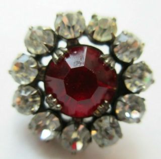 Stunning Antique Vtg Faceted Ruby Red Glass In Metal Button W/ Paste Rim 1 " (k)