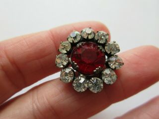 Stunning Antique Vtg Faceted Ruby Red GLASS in Metal BUTTON w/ Paste Rim 1 
