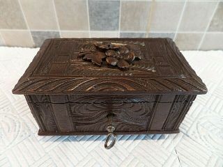 Charming Antique 19thc Hand Carved Black Forest Box In The Form Of A Trunk,  Key