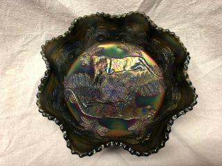 Fenton Panthers Antique Carnival Art Glass 3 Footed Bowl Sapphire Blue 9 1/4 "