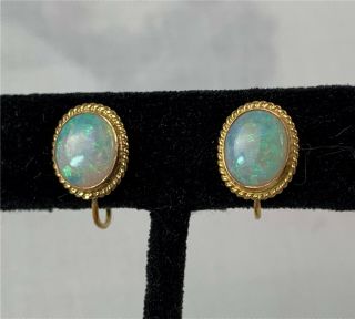 Antique 9k Yellow Gold Natural Opal Earrings W/ Screw Backs