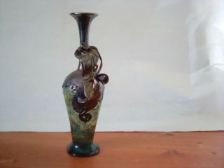 Vintage Art Glass Silver Pewter Overlay Bud Vase,  Green Gold Iridescent Glass
