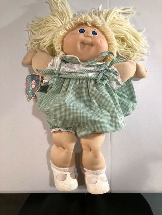 Vintage 1978 - 1983 Cabbage Patch Doll Blonde Hair Blue Eyes In Green Dress
