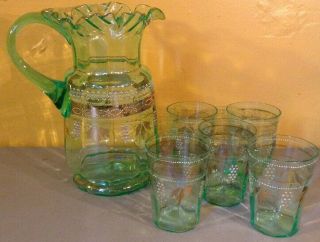 Vintage Antique Glass Green Vaseline Hand Painted Grapes Pitcher Tumblers Set