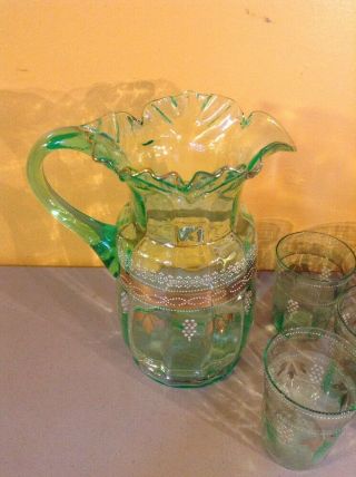 VINTAGE ANTIQUE GLASS GREEN VASELINE Hand Painted Grapes PITCHER TUMBLERS SET 4