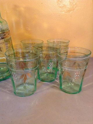 VINTAGE ANTIQUE GLASS GREEN VASELINE Hand Painted Grapes PITCHER TUMBLERS SET 5