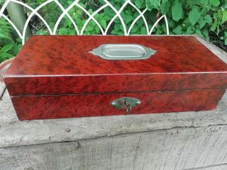 Antique Pine Box With Birds Eye Maple Veneer Carry Handle Lock & Key Circa 1910