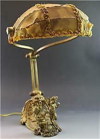 Antique French Gilt Bronze Desk Table Lamp W/ Cherub Figures & Silk Shade