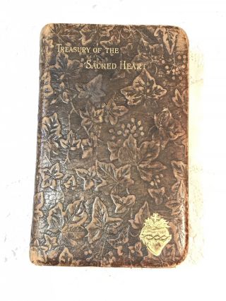 Antique Prayer Book Treasury Of The Sacred Heart Embossed Leather Cover C1900s