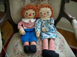 Pair - Vintage Georgene Raggedy Ann And Andy Dolls - 19 In - Johnny Gruelle Dolls
