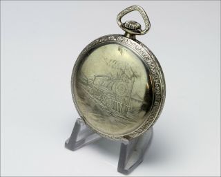 Antique Keystone Case For Pocket Watch With Engraved Steam Locomotive Ø 50.  5 Mm