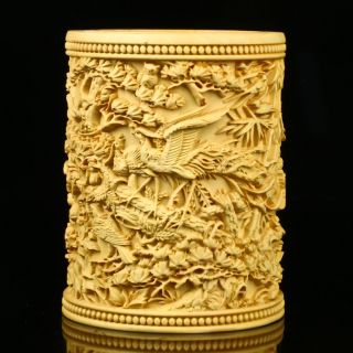 Exquisite Old Chinese Boxwood Hand Carved Bird & Phoenix Brush Pot Rn
