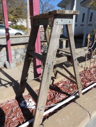 Antique Vintage Weathered Wood Folding Step Ladder Rustic Farmhouse Garden Decor