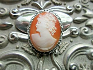 Antique Victorian Carved Shell Cameo Brooch In Sterling Silver Filigree Frame