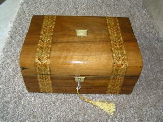 Antique Victorian Walnut Jewellery/trinket Box With Tunbridge Bands,  Lock & Key.