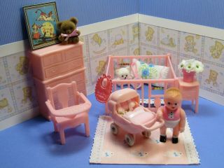 Renwal Pink Nursery Set W/ Baby,  Vintage Plastic Dollhouse Furniture Ideal 1:16