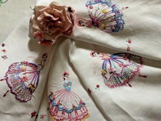 VINTAGE Raised Hand EMBROIDERED Tablecloth Exquisite Crinoline Ladies/Ballerina 2