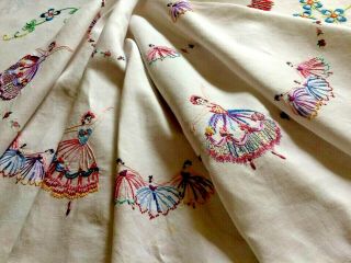 VINTAGE Raised Hand EMBROIDERED Tablecloth Exquisite Crinoline Ladies/Ballerina 3