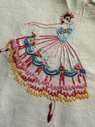 VINTAGE Raised Hand EMBROIDERED Tablecloth Exquisite Crinoline Ladies/Ballerina 7