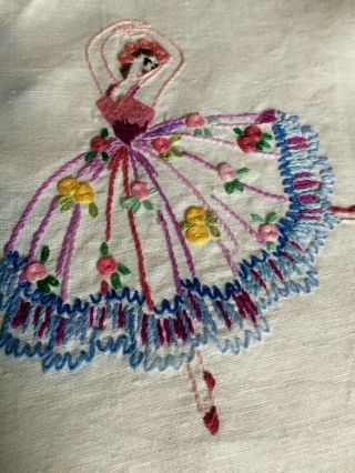 VINTAGE Raised Hand EMBROIDERED Tablecloth Exquisite Crinoline Ladies/Ballerina 8