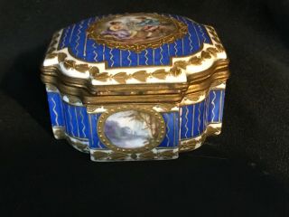 ANTIQUE SEVRES HAND PAINTED PORCELAIN BOX PAINTINGS & GOLD DECORATION.  MARKED 2