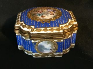 ANTIQUE SEVRES HAND PAINTED PORCELAIN BOX PAINTINGS & GOLD DECORATION.  MARKED 4