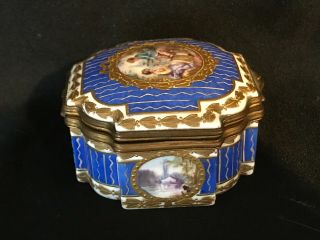 ANTIQUE SEVRES HAND PAINTED PORCELAIN BOX PAINTINGS & GOLD DECORATION.  MARKED 5