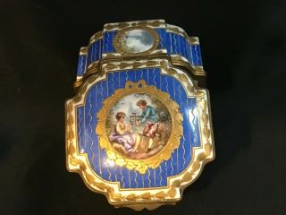 ANTIQUE SEVRES HAND PAINTED PORCELAIN BOX PAINTINGS & GOLD DECORATION.  MARKED 6