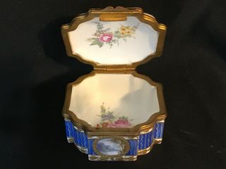 ANTIQUE SEVRES HAND PAINTED PORCELAIN BOX PAINTINGS & GOLD DECORATION.  MARKED 7