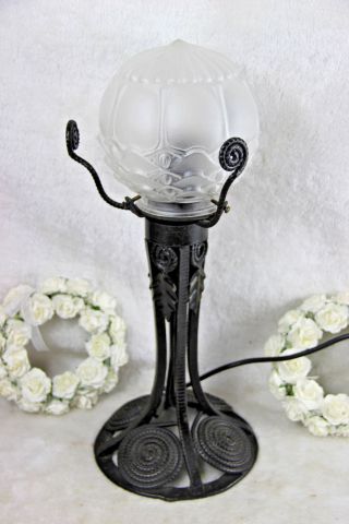 Antique Flemish 1930 Art Deco Wrought Iron Table Lamp Glass Shade
