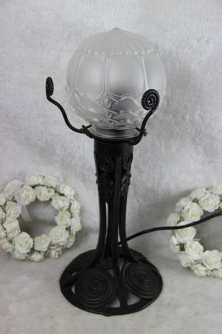 Antique Flemish 1930 ART deco Wrought iron Table lamp Glass shade 2