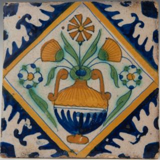 Dutch Delft Polychrome Kwadraat Tile,  Flower Vase,  Begin 17th.  Century.