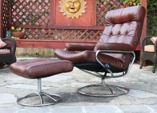 Vintage Ekornes Stressless Chrome And Leather Lounge Chair And Ottoman
