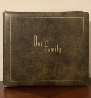 Vintage Our Family Photo Album Cowhide Gold Trim Family Record Plan