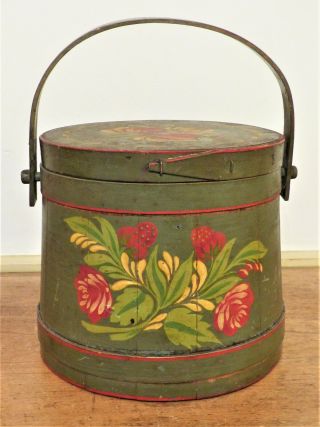 Antique 1900s Wood Firkin Sugar Bucket Fingers Folk Art Painted