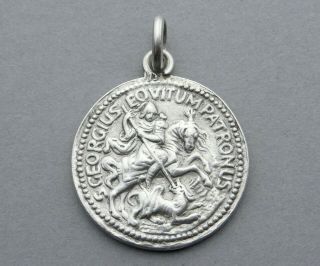 French,  Antique Religious Silver Pendant.  Saint George Slays The Dragon.  Medal.